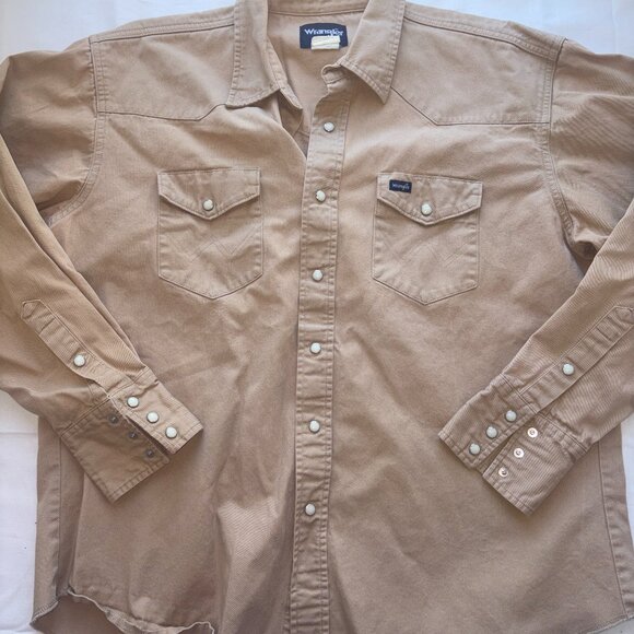 Vintage Wrangler Mens Brush Popper Pearl Snap Shirt Med Khaki Western Cowboy L - Picture 1 of 8